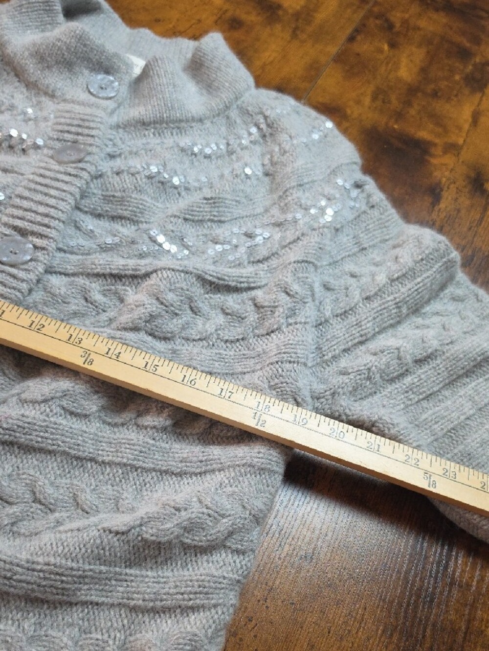 COLDWATER CREEK | Gray Taupe Wool Rabbit Hair Sequin Cable Knit Cardigan | XL - Picture 5 of 9